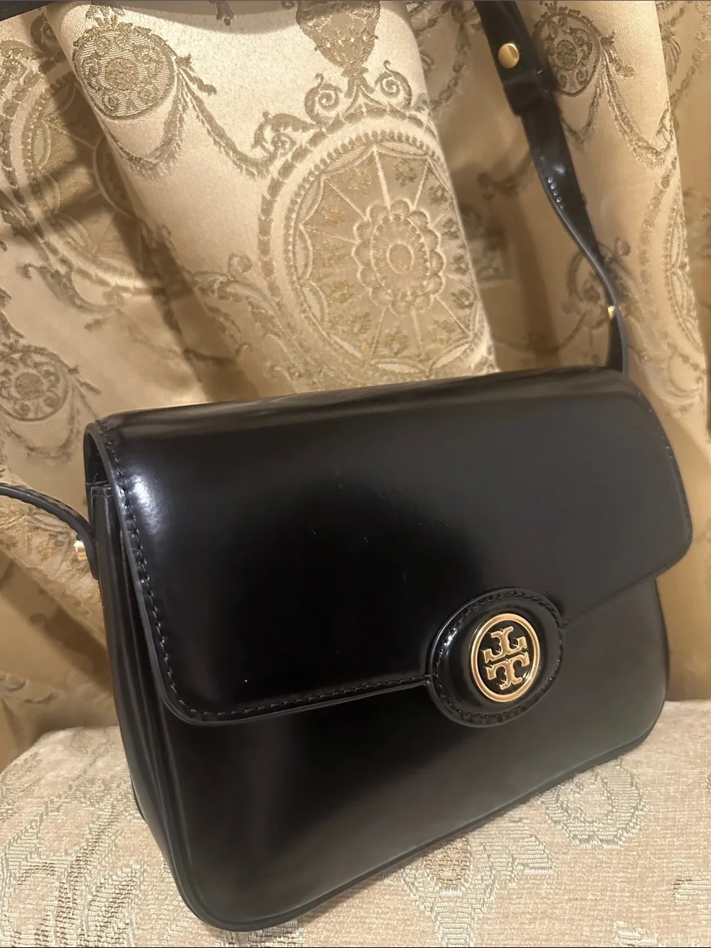 Tory Burch Black Leather Crossbody with Gold Logo